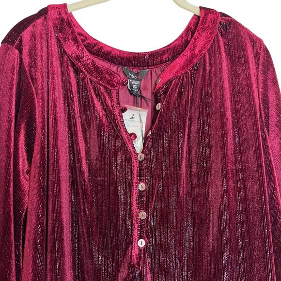 Intro Woman Plus Velvet Popover Tunic Top 2X Burgundy Metallic Long Sleeve - Picture 2 of 10